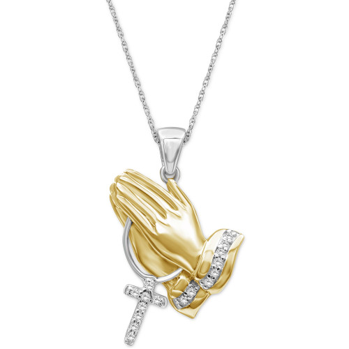 Diamond Praying Hands & Cross 18" Pendant Neckalce (1/10 ct. t.w.) in Sterling Silver & 14k Gold-Plate