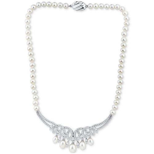 Cultured Freshwater Pearl (6-8-1/2mm) & Cubic Zirconia 17" Statement Necklace in Sterling Silver
