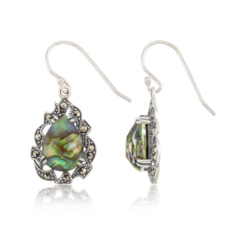 Marcasite and Abalone Doublet Teardrop Wire Earrings in Sterling Silver