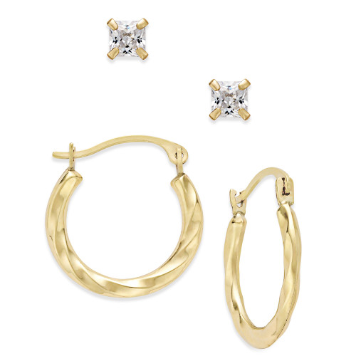 2-Pc. Set Cubic Zirconia Studs and Twisted Hoop Earrings in 10k Gold