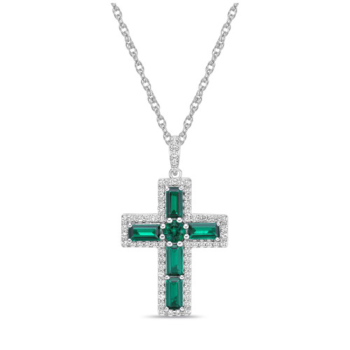 Sterling Silver Halo Birthstone Style Created Emerald and Created White Sapphire Fancy Cut Cross Pendant Necklace