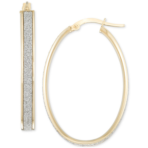 Polished Oval Glitter Hoop Earrings in 14k Gold, 1-1/4"