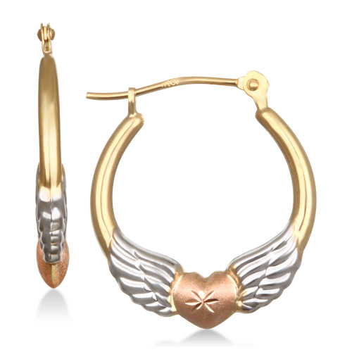 Tri-Color Winged Heart Hoop Earrings in 10k Gold