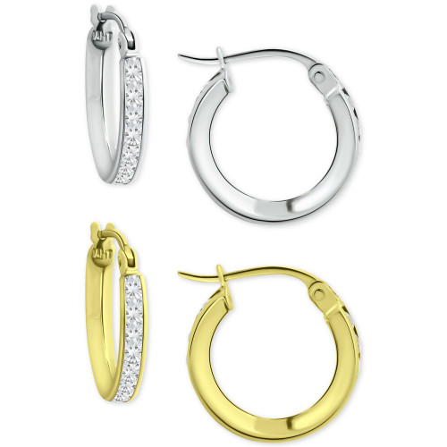 2-Pc. Set Cubic Zirconia Small Hoop Earrings in Sterling Silver & 18k Gold-Plated Sterling Silver, 0.5", Created for Macy's