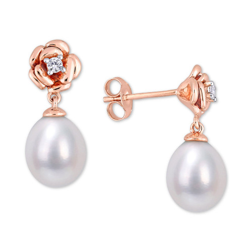 Cultured Freshwater Pearl (8-1/2mm) & Lab-Created White Sapphire (1/8 ct. t.w.) Rose Drop Earrings in 18k Rose Gold-Plated Sterling Silver