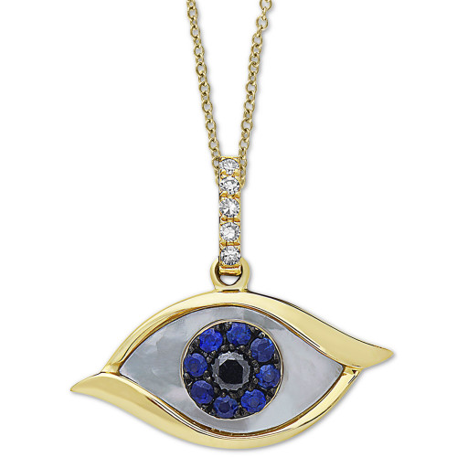 EFFY® Mother-of-Pearl, Sapphire (1/10 ct. t.w.) & Diamond Accent Evil-Eye 18" Pendant Necklace in 14k Gold
