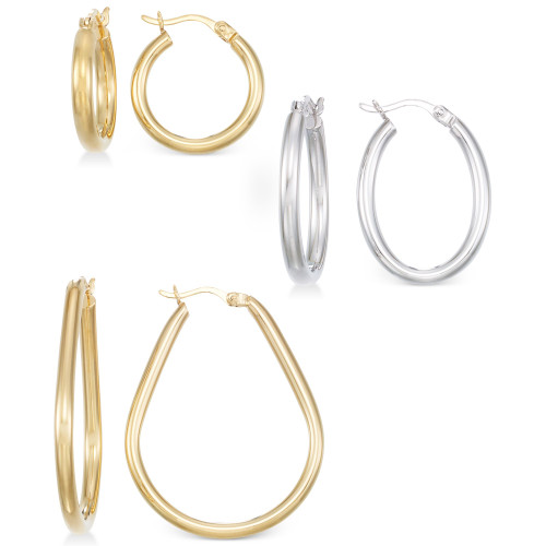 Set of Three Hoop Earrings in 14k Yellow Gold Vermeil and Sterling Silver