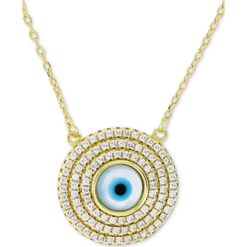 Cubic Zirconia & Enamel Evil Eye Halo Pendant Necklace in 14k Gold-Plated Sterling Silver, 16" + 1" extender