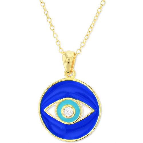 Cubic Zirconia & Enamel Evil Eye Disc Pendant Necklace in 14k Gold-Plated Sterling Silver, 16" + 2" extender