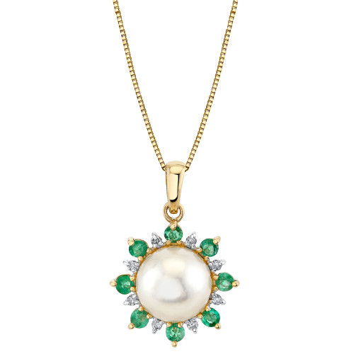 Cultured Freshwater Pearl (9mm), Emerald (1/2 ct. t.w.) & Diamond Accent 18" Pendant Necklace in 14k Gold