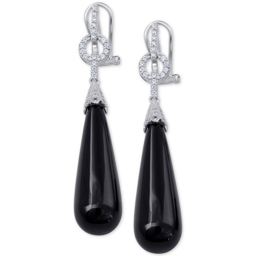 Black Agate & Cubic Zirconia Drop Earrings in Sterling Silver