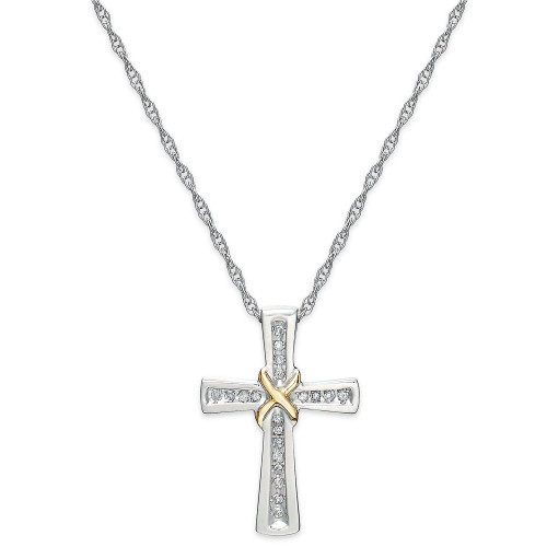 Diamond Cross X Pendant Necklace in Sterling Silver and 14k Gold (1/10 ct. t.w.)