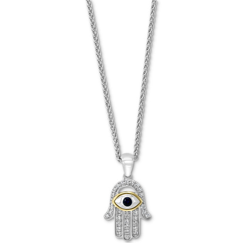 EFFY® Sapphire (1/10 ct. t.w.) & Diamond (1/5 ct. t.w.) Hamsa Hand 18" Pendant Necklace in Sterling Silver & 18k Gold-Plate
