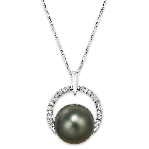 Tahitian Pearl (12 mm) and Diamond (1/5 ct. t.w.) Arch Pendant Necklace in 14k White Gold