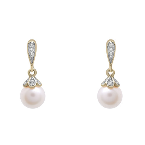 Cultured Freshwater Pearl (6mm) & Diamond (1/20 ct. tw.) Dangling Earrings  in 14K Yellow Gold