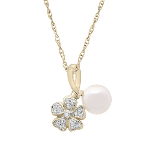 Cultured Freshwater Pearl with Diamond Flower Pendant Necklace in 14K Yellow Gold