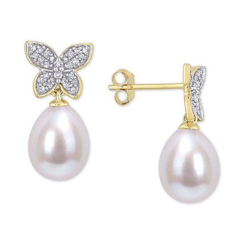Cultured Freshwater Pearl (8-1/2mm) & Diamond (1/8 ct. t.w.) Butterfly Stud Earrings in 14k Gold