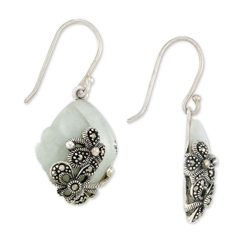 Jade (15 x 20 x 4mm) & Marcasite Flower Drop Earrings in Sterling Silver
