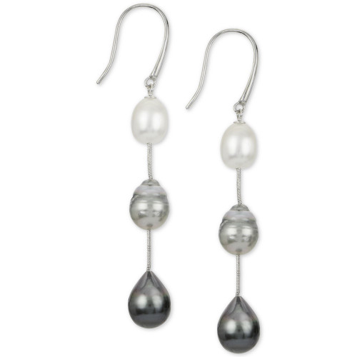 Cultured White South Sea Pearl (8mm), Cultured Gray Tahitian Pearl (9mm) & Cultured Black Tahitian Pearl (10mm) Drop Earrings in Sterling Silver