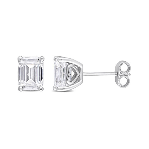 Emerald Cut Moissanite Stud Earrings 2 ct. t.w with Heart Detail in Sterling Silver