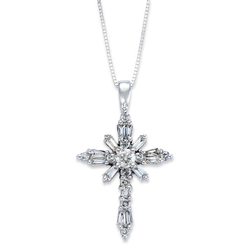 Diamond Baguette Cross Pendant Necklace in 14k White Gold (1/2 ct. t.w.)