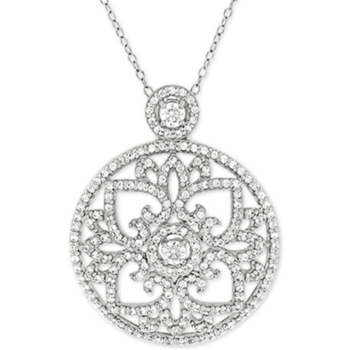 Cubic Zirconia Antique-Look Medallion 18" Pendant Necklace in Sterling Silver