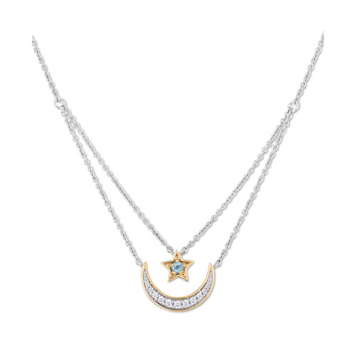 Swiss Blue Topaz (1/10 ct. t.w.) & Diamond (1/6 ct. t.w.) Jasmine Star & Moon Layered Pendant Necklace in Sterling Silver & 14k Gold, 16" + 2" extender