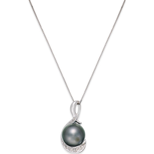 Cultured Tahitian Black Pearl (9mm) and Diamond (1/10 ct. t.w.) Swirl Pendant Necklace in 14k White Gold