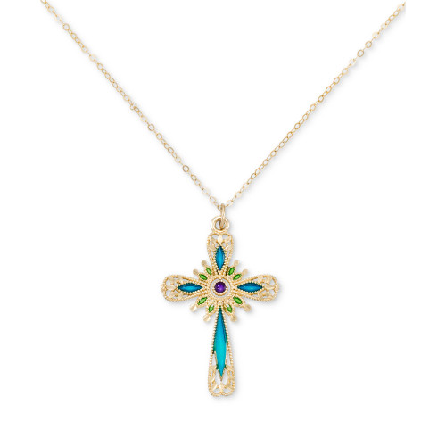 Multicolor Enamel Cross 18" Pendant Necklace in 14k Gold
