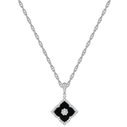 Onyx & Diamond (1/4 ct. t.w.) Flower 18" Pendant Necklace in 14k White Gold