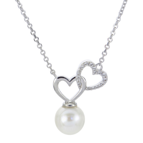 Cultured Freshwater Pearl (8-1/2mm) & White Topaz (1/10 ct. t.w.) Double Heart 18" Pendant Necklace in Sterling Silver