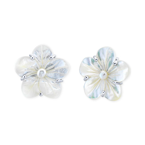 White Mother Of Pearl & Cultured Freshwater Pearl (5mm) Flower Stud Earrings in Sterling Silver