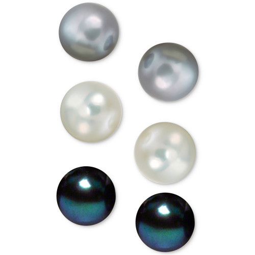 Cultured Freshwater Pearl (8mm) 3 Stud Set in White, Grey & Peacock in Sterling Silver