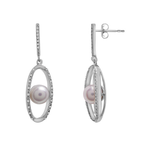 Cultured Freshwater Pearl (7mm) & Diamond (1/10 ct. tw.) Oval Earrings in Sterling Silver