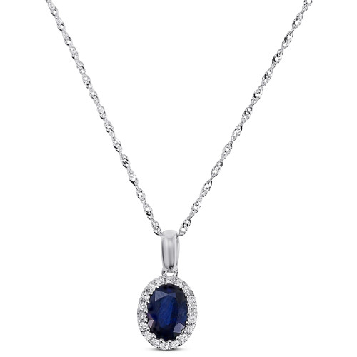 Sapphire (7/8 ct. t.w.) & Diamond (1/10 ct. t.w.) Oval Halo Pendant Necklace in 14k White Gold, 16" + 2" extender