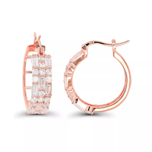 Cubic Zirconia 14K Rose Gold Round and Baguette Hoop Earrings (Also in 14k Gold Over Silver or 14k Rose Gold Over Silver)
