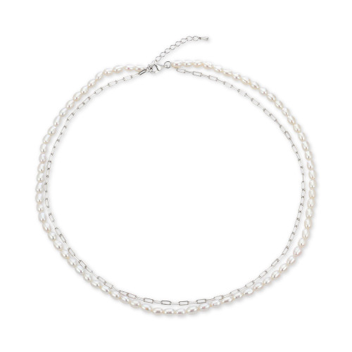 Cultured Freshwater Pearl (4-4-1/2mm) & Paperclip Chain Layered Necklace 17"+ 1-1/2" extension, in Sterling Silver