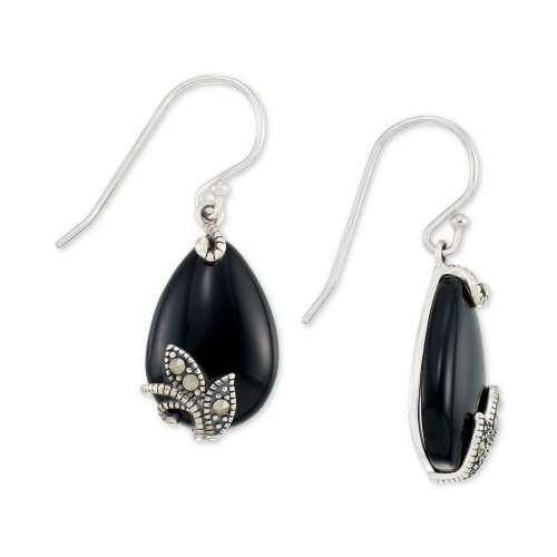 Onyx (12 x 18 x 4mm) & Marcasite Teardrop Drop Earrings in Sterling Silver