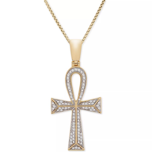 Men's Diamond Ankh Cross 22" Pendant Necklace (1/4 ct. t.w.) in 14k Gold-plated Sterling Silver and Sterling Silver