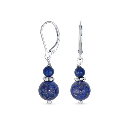 Gemstone Natural Blue Lapis Lazuli Boho Bali Milgrain Edged Beaded Rondel Separator Double Ball Round Drop Dangle Earrings For Women Teen .925 Sterling Silver Lever back