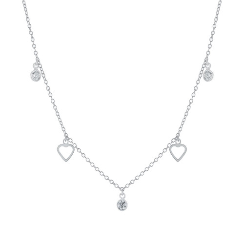 Cubic Zirconia and Heart Dangle 16" + 2" Necklace in Sterling Silver