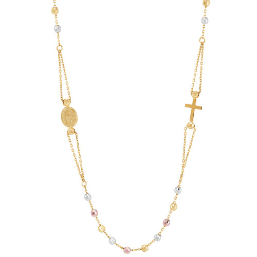 Cross & Medallion 17-1/2" Rosary Necklace in 10k Tricolor Gold