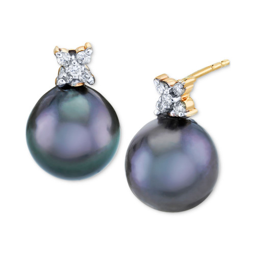 Cultured Tahitian Pearl (9mm) & Diamond (1/10 ct. t.w.) Stud Earrings in 14k Gold