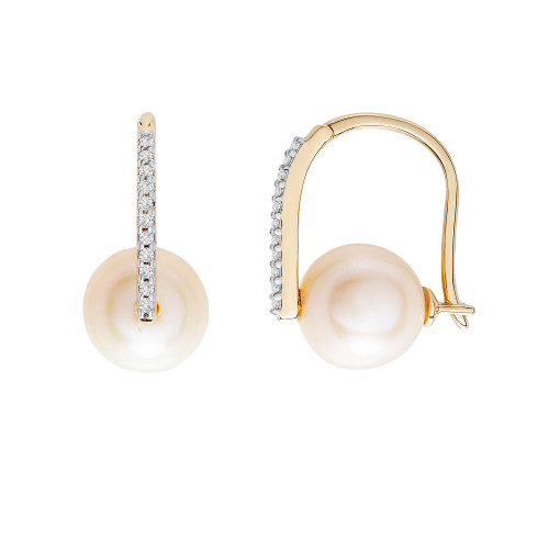 Cultured Freshwater Pearl (9mm) and Diamond (1/10 ct. t.w.) Earrings in 14k Yellow Gold
