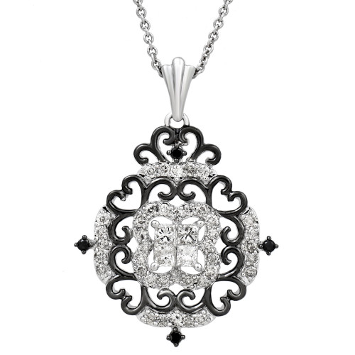 White Diamond (5/8 ct. t.w.) & Black Diamond (1/20 ct. t.w.) Filigree Pendant Necklace in Sterling Silver, 16" + 2" extender