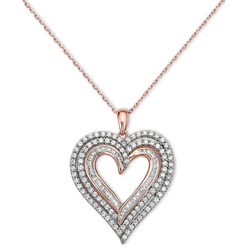 Diamond Baguette & Round Multirow Heart Pendant Necklace (1 ct. t.w.) in 10k Rose Gold, 16" + 2" extender