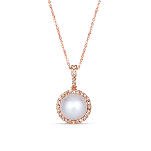 Vanilla Pearl (9mm) & Nude Diamond (1/3 ct. t.w.) Halo Pendant Necklace in 14k Rose Gold, Adjustable length to 20"