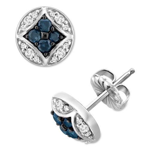 Blue Diamond (1/3 ct. t.w.) & White Diamond (1/6 ct. t.w.) Cluster Stud Earrings in Sterling Silver