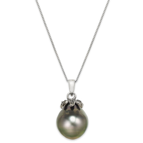 Tahitian Pearl (12mm) and Black Diamond Accent Pendant Necklace in 14k White Gold