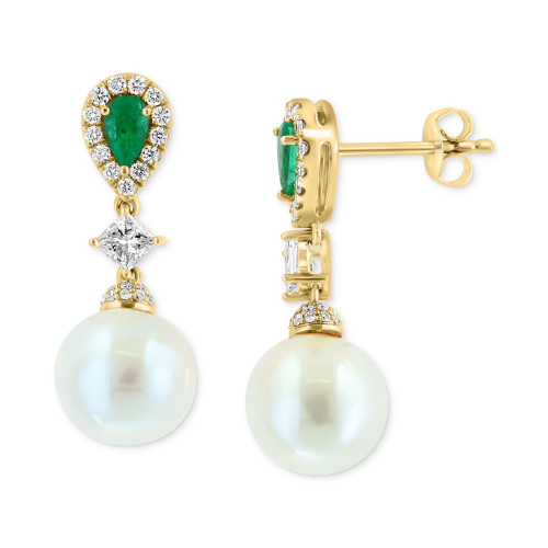 EFFY® Freshwater Pearl (9mm), Emerald (3/8 ct. t.w.) & Diamond (5/8 ct. t.w.) Drop Earrings in 14k Gold